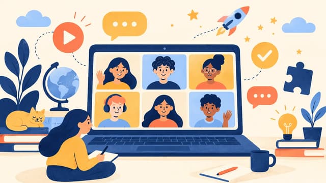 Dizüstü bilgisayardan interaktif bir online derse katılan öğrencinin illüstrasyonu