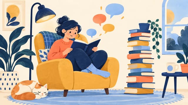Kitap yığınının yanında yabancı dilde kitap okuyan bir öğrencinin illüstrasyonu