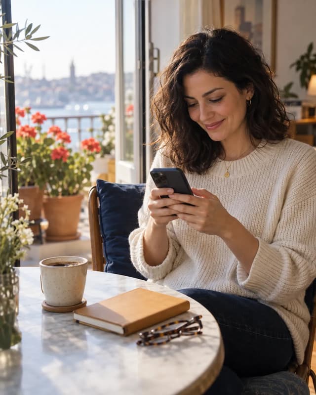Balkon kapısının önünde kahvesiyle oturmuş, telefonundan mesaj yazarken gülümseyen kadın