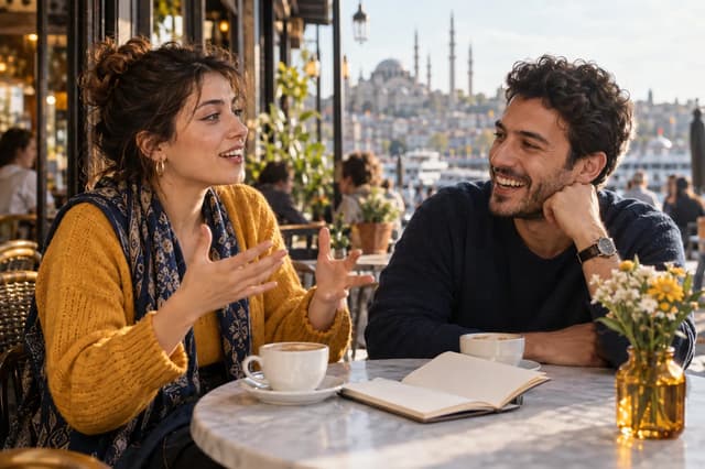 Bir kafede İngilizce sohbet ederek pratik yapan iki genç