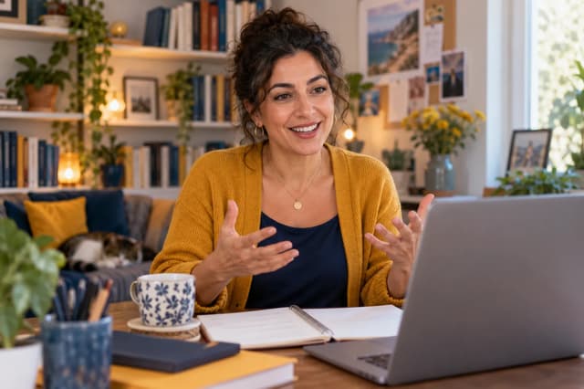 Aydınlık ev stüdyosundan online İngilizce dersi veren güler yüzlü bir eğitmen