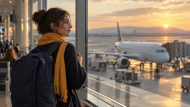Gün batımında havalimanı penceresinden uçağı izleyen, sırt çantalı genç bir öğrenci