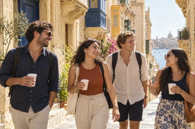 Malta'da güneşli bir sokakta gülerek yürüyen dil okulu öğrencileri