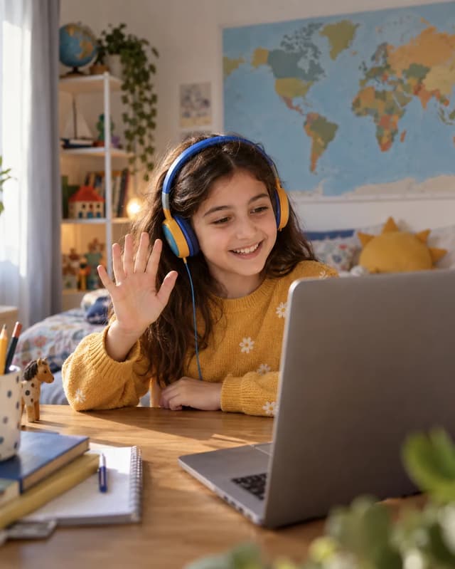Kulaklık takmış, dizüstü bilgisayarındaki online İngilizce dersinde el sallayan bir kız çocuğu