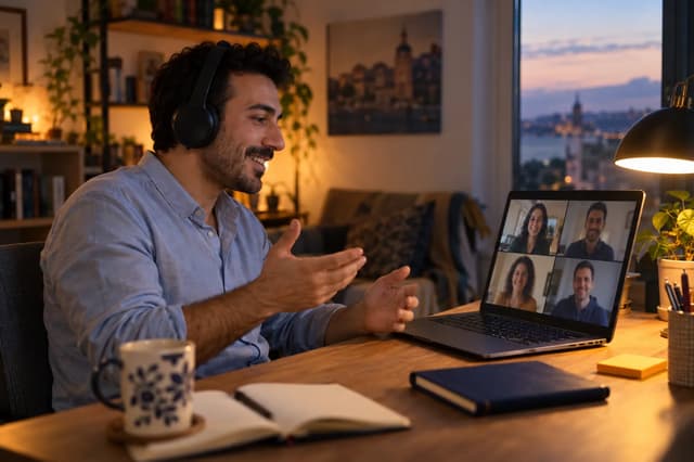 Akşam saatinde kulaklıkla online grup konuşma dersine katılan bir öğrenci