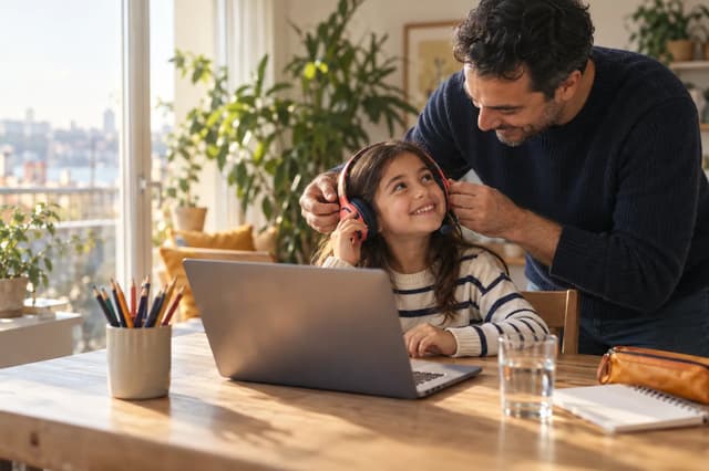 Baba, laptopun başında heyecanla gülümseyen kızının mikrofonlu kulaklığını derse hazırlarken düzeltiyor